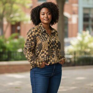 Boho Geometric Button Front Blouse Plus Size 16W Retro Print